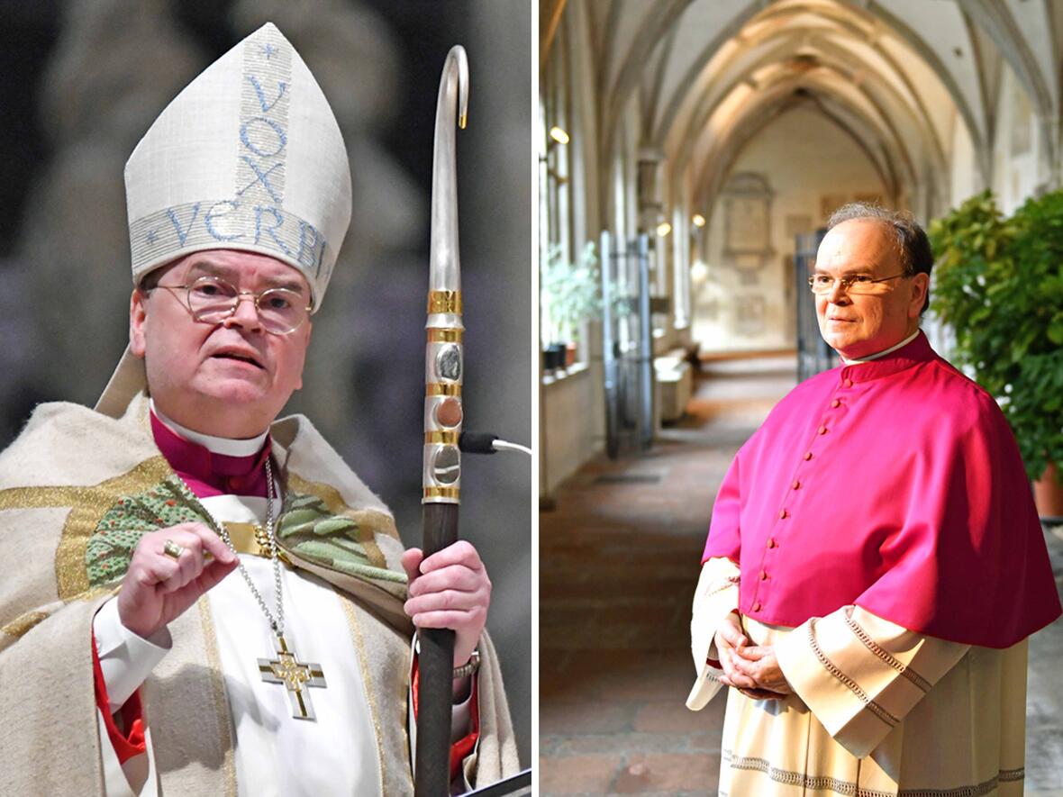 Zwei Jahre sind seit der Bischofsernennung vergangen: Auf dem linken Bild trägt Bischof Bertram eine Mitra, die sein Wahlspruch ziert. Das rechte zeigt ihn im Anschluss an die Bekanntgabe im Domkreuzgang. (Fotos: Nicolas Schnall / pba) 