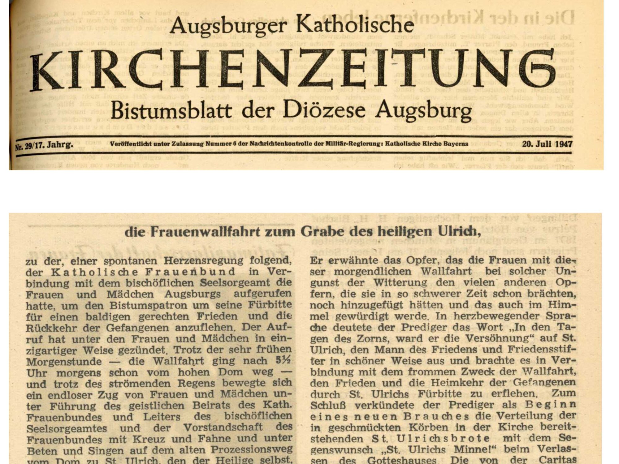 Die Katholische Sonntagszeitung, die damals noch Kirchenzeitung hieß, berichtete über die erste Frauenfriedenswallfahrt und bezeichnete sie als eine "aus den Zeitumständen erwachsene Besonderheit". (Quelle: Archiv des Bistums Augsburg)