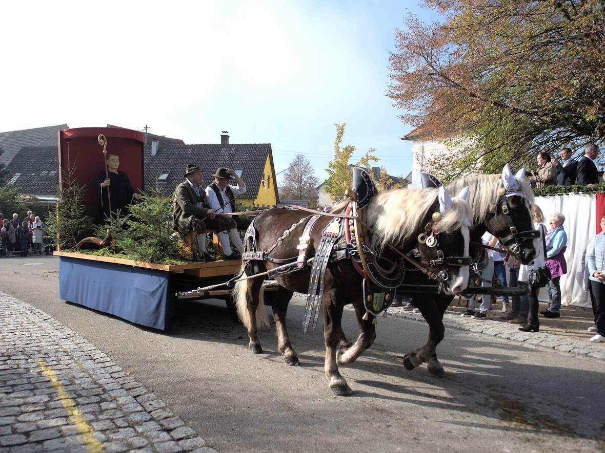 Zu Ehren des heiligen Leonhard fand heute in Unzerliezheim der traditionelle Leonhardiritt statt. Nach dem Pontifikalamt segnete Bischof Bertram Ross und Reiter (Fotos: Maria Rösch / pba) 