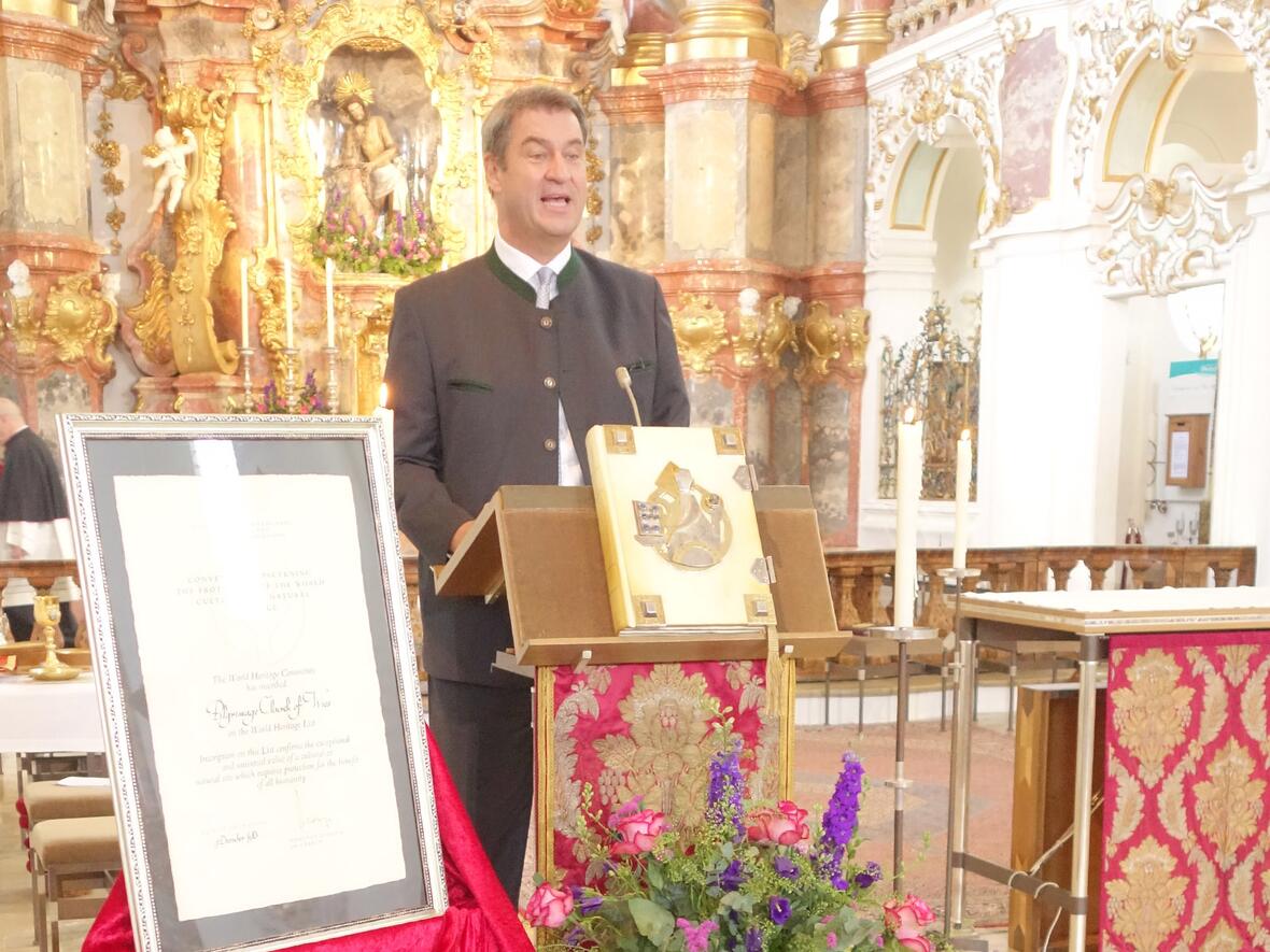 Der bayerische Ministerpräsident Dr. Markus Söder betonte den hohen kulturellen Wert der Wieskirche  (Foto: Kath. Wallfahrtskuratiestiftung St. Josef - Wies)