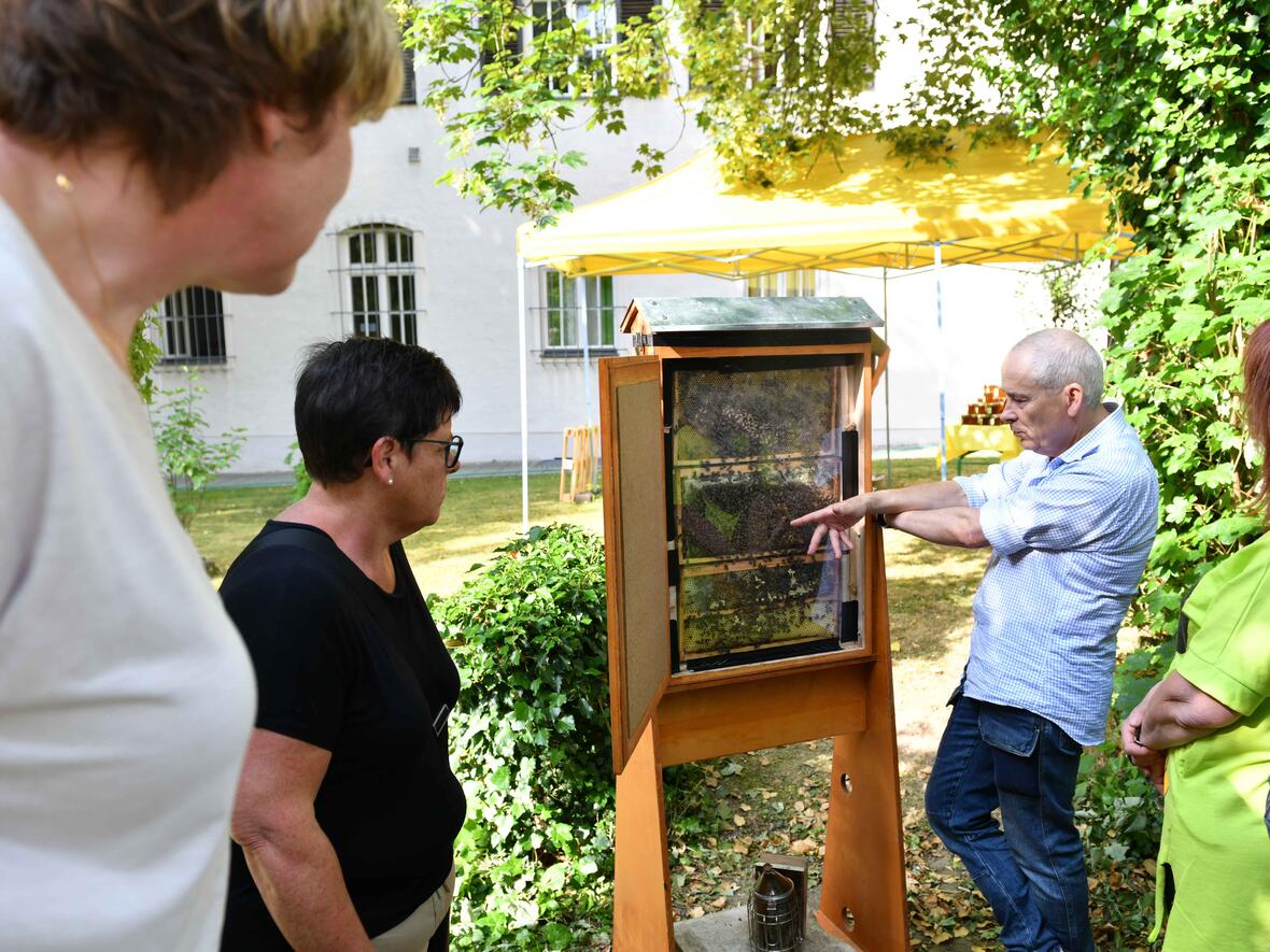Direkt an einem Stock voller Bienen gab es zahlreiche Infos rund um das Thema Imkern. (Fotos: Maria Rösch/pba) 